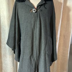 Women's poncho Solid Faux Fur Collared black- Cape Grey Fleece 