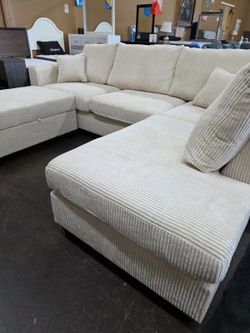 Beige Corduroy Sectional with storage ottoman