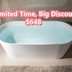 67 in. Soild Surface Stone Resin Freestanding Matte White Bathtub, Double Ended Oval Shape Soaking Tub