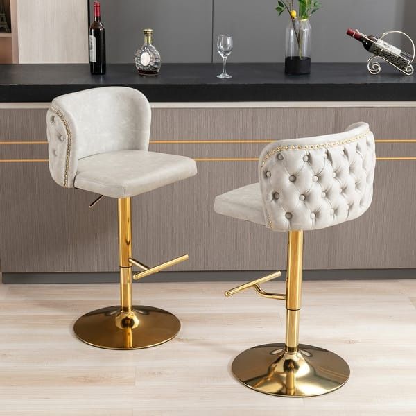 Set of 2 - PU Leather Upholstered Swivel Adjustble Bar Stools with Tufted Back - Beige+Gold [NEW]