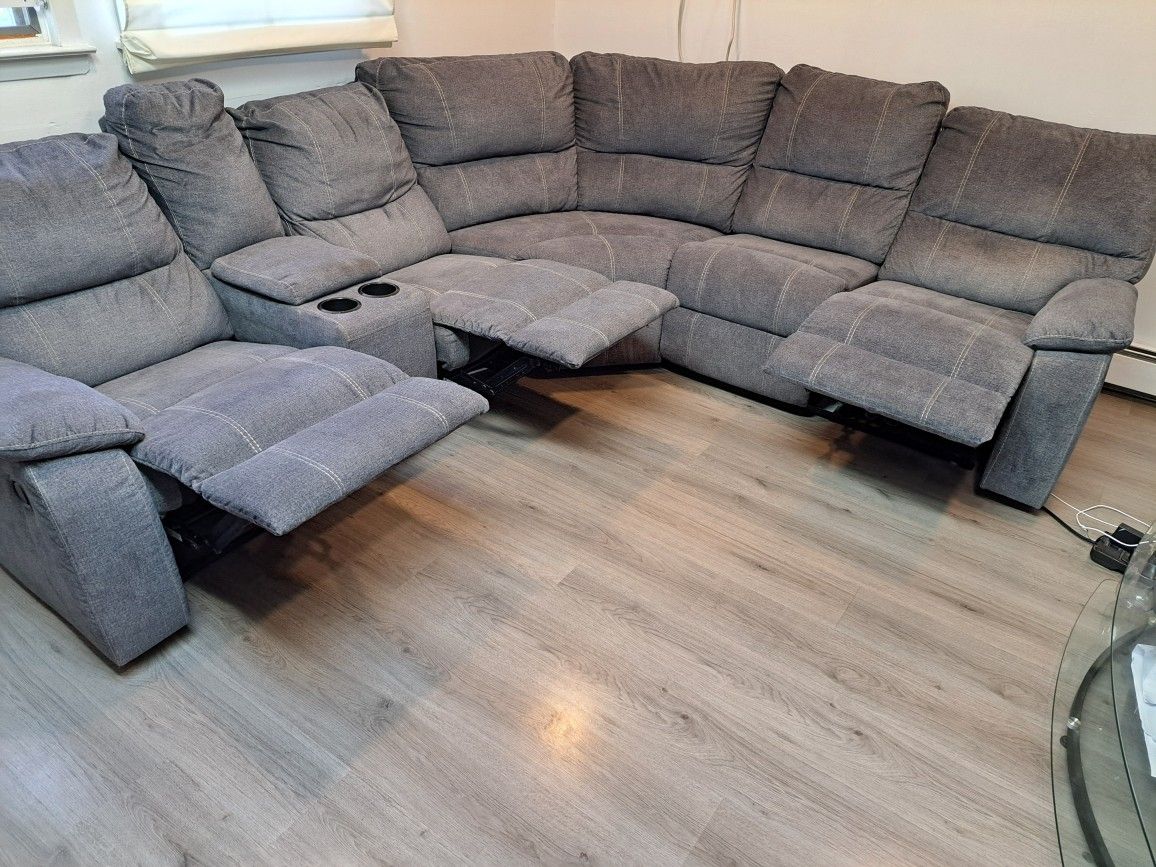 Grey Sectional L Shaped Couch , 3 Reclining Seats, Cloth