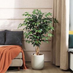 4ft Artificial Ficus Tree with Natural Wood Trunk, Silk Fake Ficus Tree in Plastic Nursery Pot, Faux Plant for Office Home, Indoor Outdoor Decor, 1 Pa