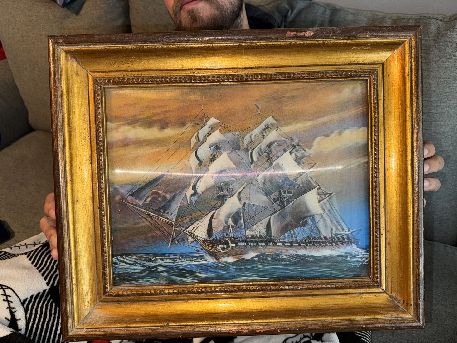 Vintage 3D Ship Picture With Wooden Frame