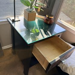 2 Black Nightstands With Glass Tops And Bottom Shelf Shelves
