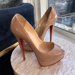 Christian Louboutin Beige Patent Leather Lady Peep Pumps Size 37