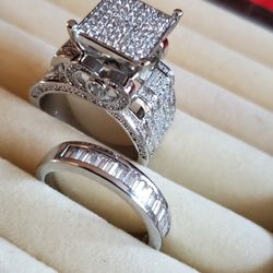 Brand New Wedding Ring and Band Set ~ Silver Plated size 9 Custom Jewlery Cubic Zirconia