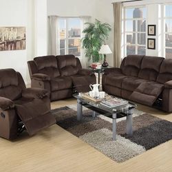 BROWN CHOCOLATE PADDED SUEDE 3 PIECE MOTION SOFA LOVESEAT RECLINER CHAIR SET