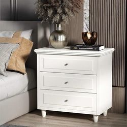 3-Drawer Nightstand, White Bedside Table Cabinet Side Table Bedroom End Table with Wooden Legs and Metal Handle for Living Room, Office, Entryway, Bed