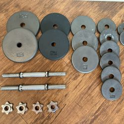 Weight Plates and Pair of Threaded Dumbbell Handles 14 in