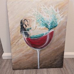 Original Painting on Canvas - Mermaid in Wine Glass