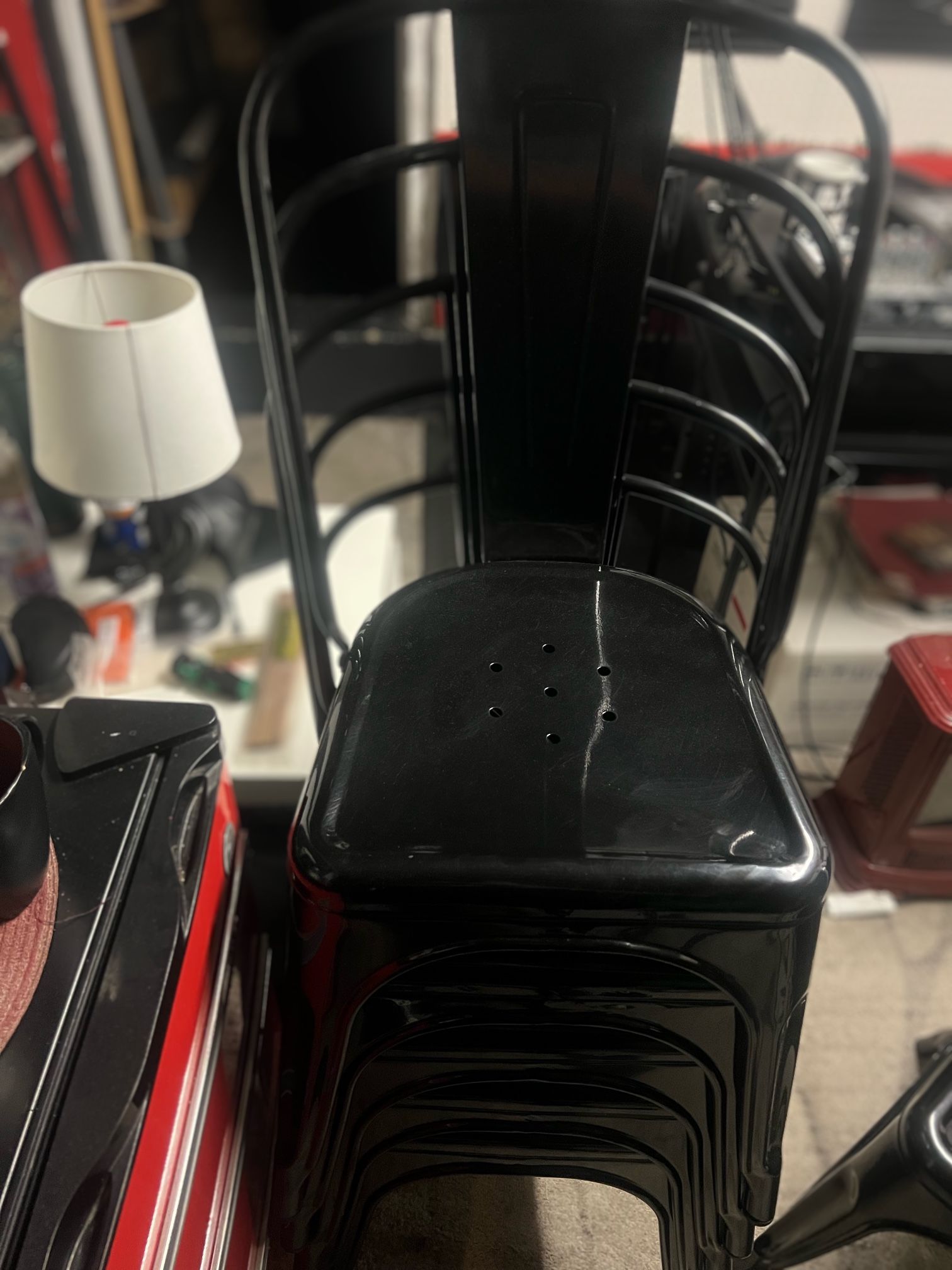 Flash Furniture Blake Commercial Grade 6 Pack Distressed Black Metal Indoor-Outdoor Stackable Chair - Worth $90 a chair