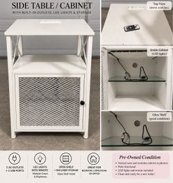 White Side Table / Cabinet w/ LED Lights, Outlets & Storage