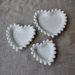 Set of 3 Vintage Milk Glass Heart Trinket Dishes with Beaded Trim