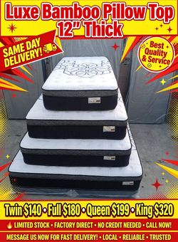 Luxe Bamboo Pillow Top Mattress 12" Thick Queen $199