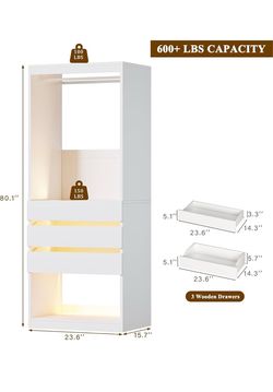 Freestanding 2FT Closet System with 3 Wood Drawers & Glasstop, 24" Closet Organizer System with Hanging Rod & LED Lights, Walk-in Closet Systems for S