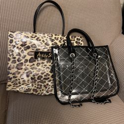 Kristen Stewart Cheetah Print Purse And Black Plaid Clear Purse With Shoulder Strap