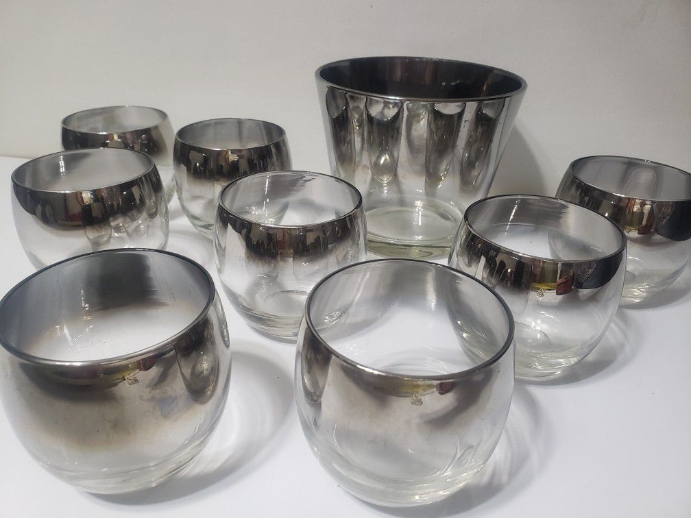 Dorothy Thorpe Silver Fade Rolly Polly 8 Glasses Ice Bowl Mid Century