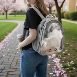 Gray-   New! Space Capsule Pet Carrier Backpack – For Small Cats & Dogs  Clear Breathable Bubble Window | Airline-Approved | Travel & Hiking Carrier |