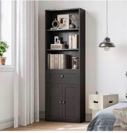 6-Tier Tall Bookshelf, Book Shelf & Bookcase with Doors and Drawer,