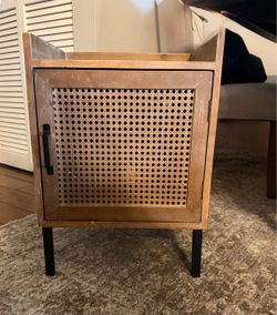 Wood and Rattan Cane Nightstand with Cabinet