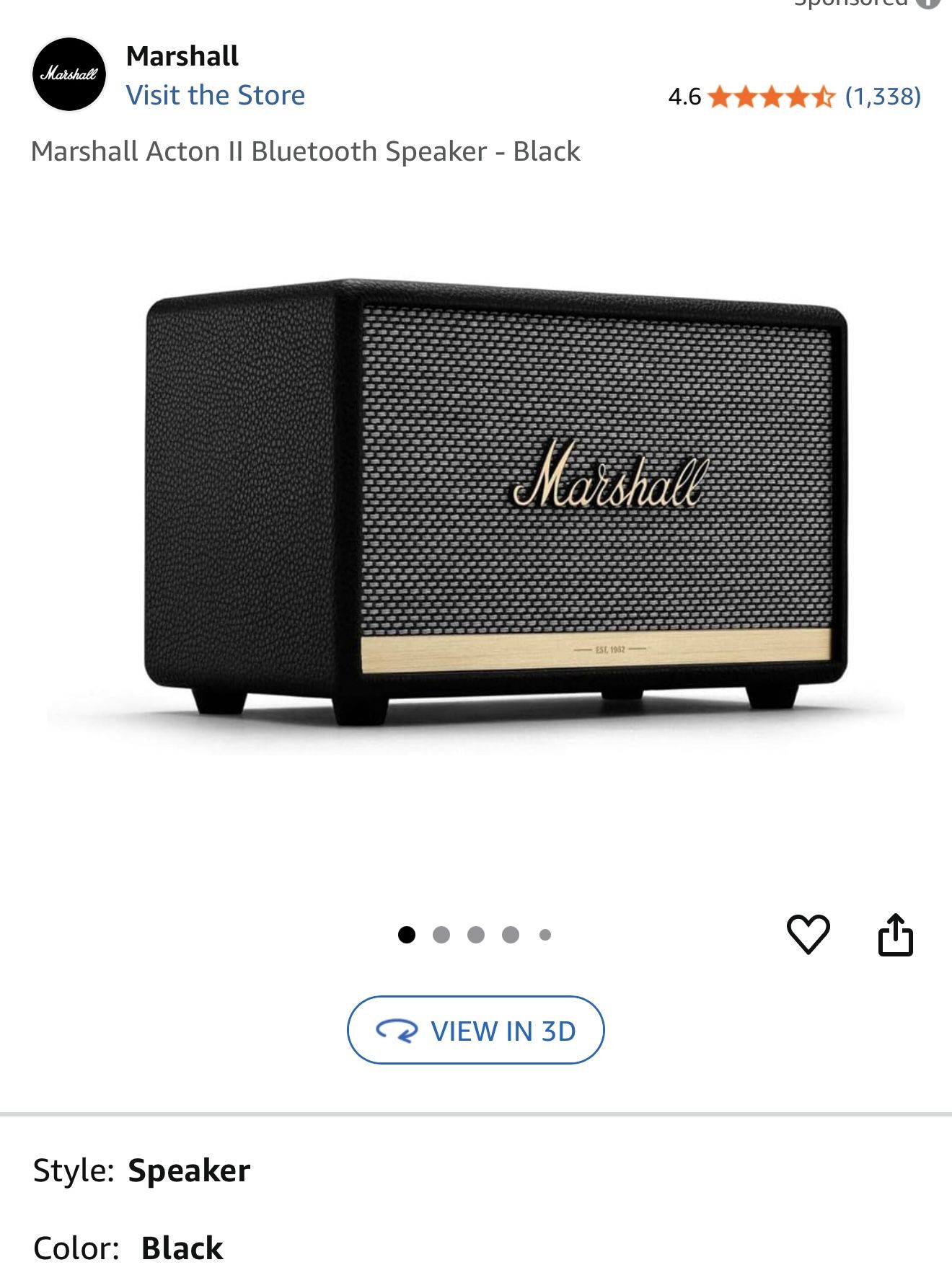 Marshall Acton II Bluetooth Speaker – Black (Excellent Condition)
