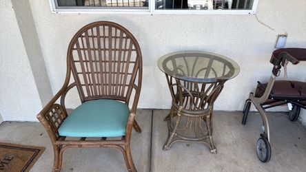 Rattan Chair and Glass Top Side Table Set