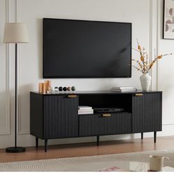 Black TV Stand for 65 Inch TV, TV Consoles for Living Room, TV Stand for Bedroom w/Drawer and Storage, Wood Fluted Panel Media Console, Entertainment 