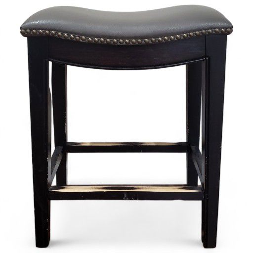 Counter Height Studded Leather Wooden Stool in Deep Grey with Dark Wood Finish - Minor Touch Up Required