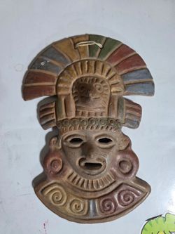 Vintage Mexican Terracotta Clay Mask Aztec Mayan Tribal Folk Art Wall Hanging