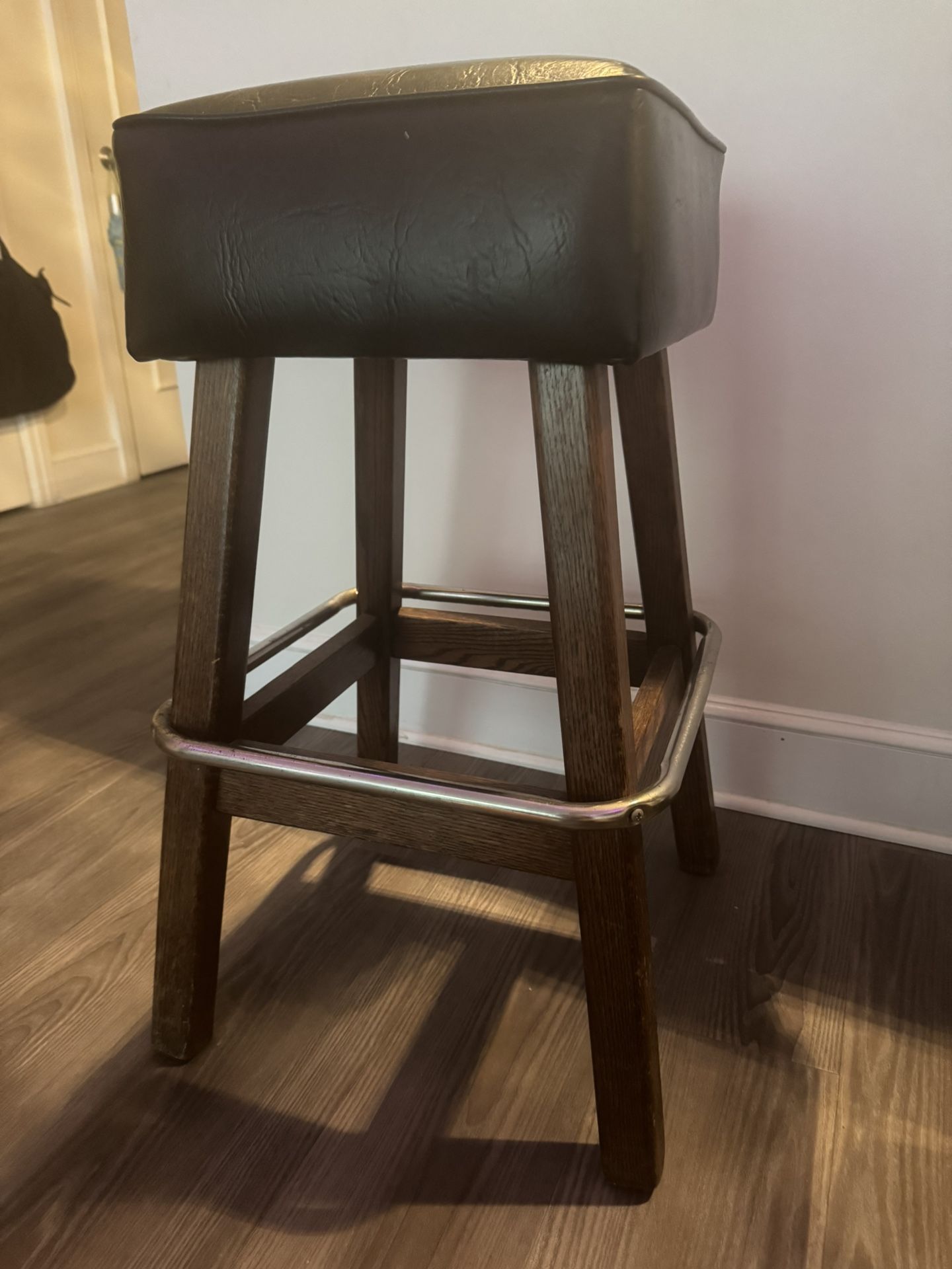 Set of 2 Vintage Wood & Faux Leather Bar Stools