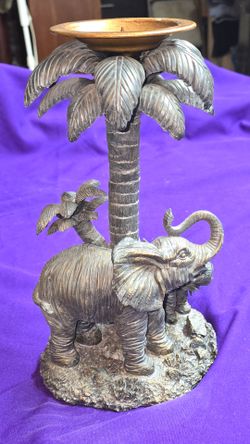 Vintage Brass Patina Elephant Candle Holder - Elephants Mother & Baby under Palm Trees - 12.5”