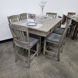 Brand New Gourges Dining Set Grey Counter Height 6 Chairs, Wine Rack Base W Shelve, & 2 Side Drawers $949 FREE LOCAL DELIVERY & SET UP 