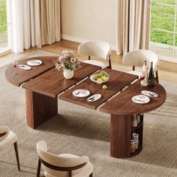 41"-78" Mid Century Extendable Oval Dining Table With Storage, 2 Leaves, Fluted Base, Seats 2-8