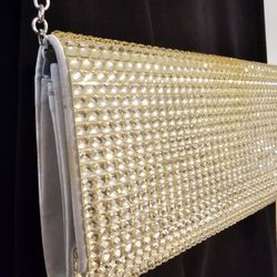 $15.00 - Elegant Evening Clutch - Gold Rhinestones All Over!  Silver Satin Lining Inside! Adjustable/Removable Strap!  PRICE JUST REDUCED!