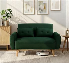 48'' Loveseat Sofa, Mid-Century Modern Upholstered Couch Deep Seat with 2 Pillows, 10" Thick Cushion with Spring, Solid Wood Frame Small Couch for Liv