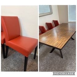 Mid-Century Modern Extendable Dining Table & 8 Crate & Barrel Leather Chairs