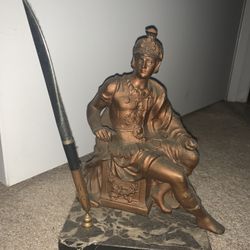Antique metal European trojan Soldier figure w Pen Holder on Black/White Marble Base 7” X 9”