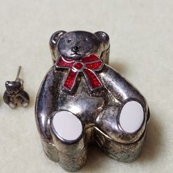 Vintage Silver Bear Trinket Box and Earrings 