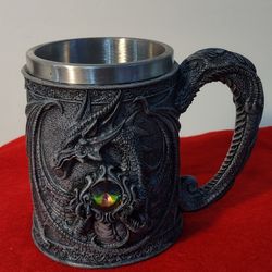 Medieval Dragon Mug 450ml 3D Embossed Resin Stainless Steel Lined Vintage Beer Cup Mythical Western Gothic Home Decor 