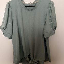 Pearl-Embellished Sage Green Tie-Hem Women's Top
