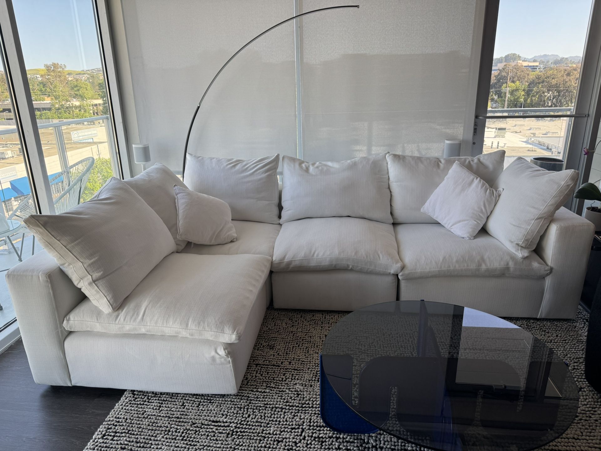 Custom-Built White Modular Sectional Sofa Down-Filled, Reversible Layout, Woven performance fabric