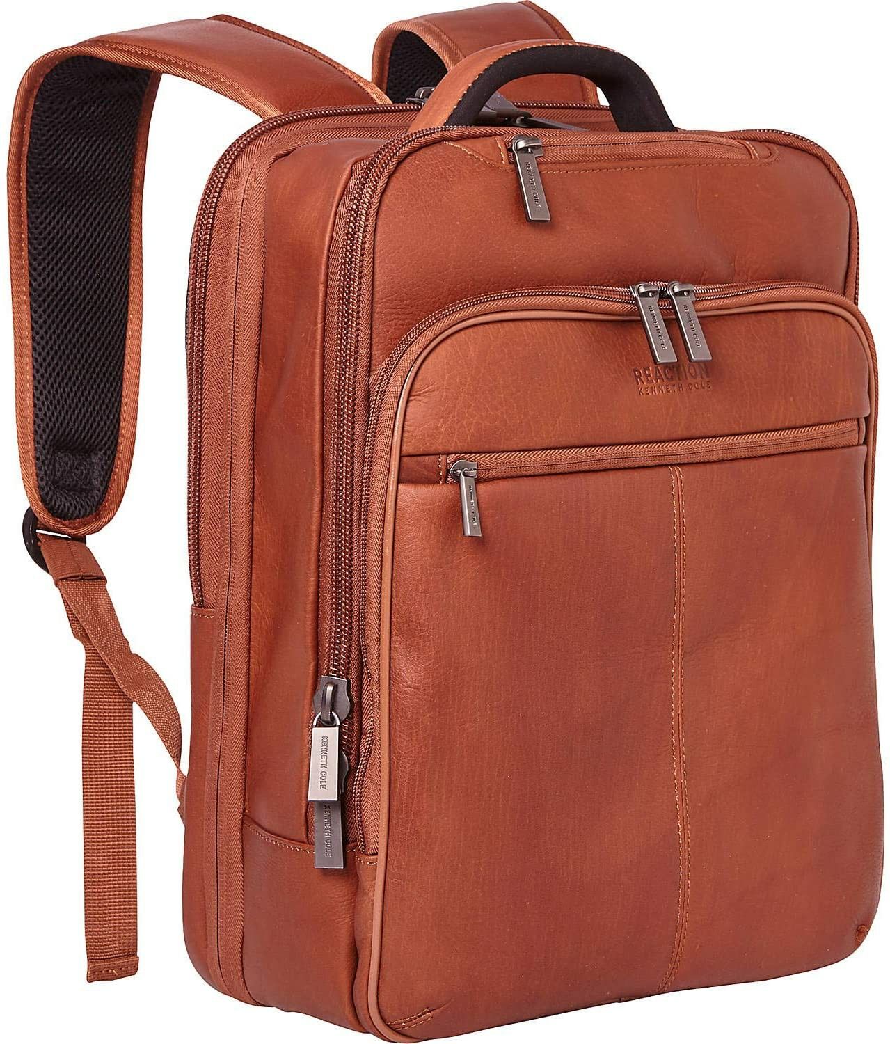 Kenneth Cole Reaction Manhattan Colombian Leather Slim 16" Laptop & Tablet RFID Business Backpack, Cognac, Medium