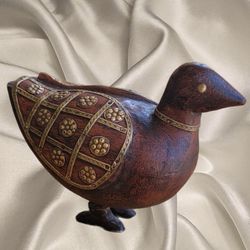 Vintage Hand Carved Wooden Duck Hammered Brass  Wings, Eyes & Choker 7"X4.5