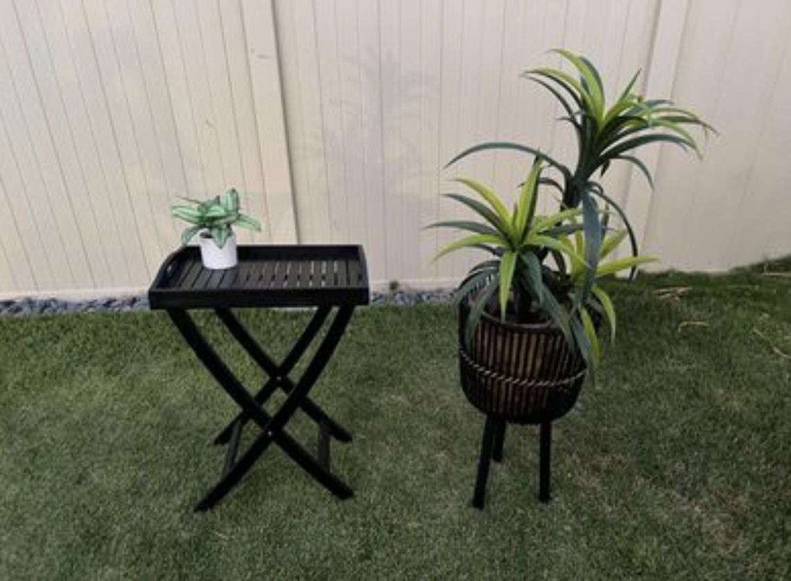 Black furniture: folding tray table (Removeable tray) & XLarge plant stand PLEASE C description b4?