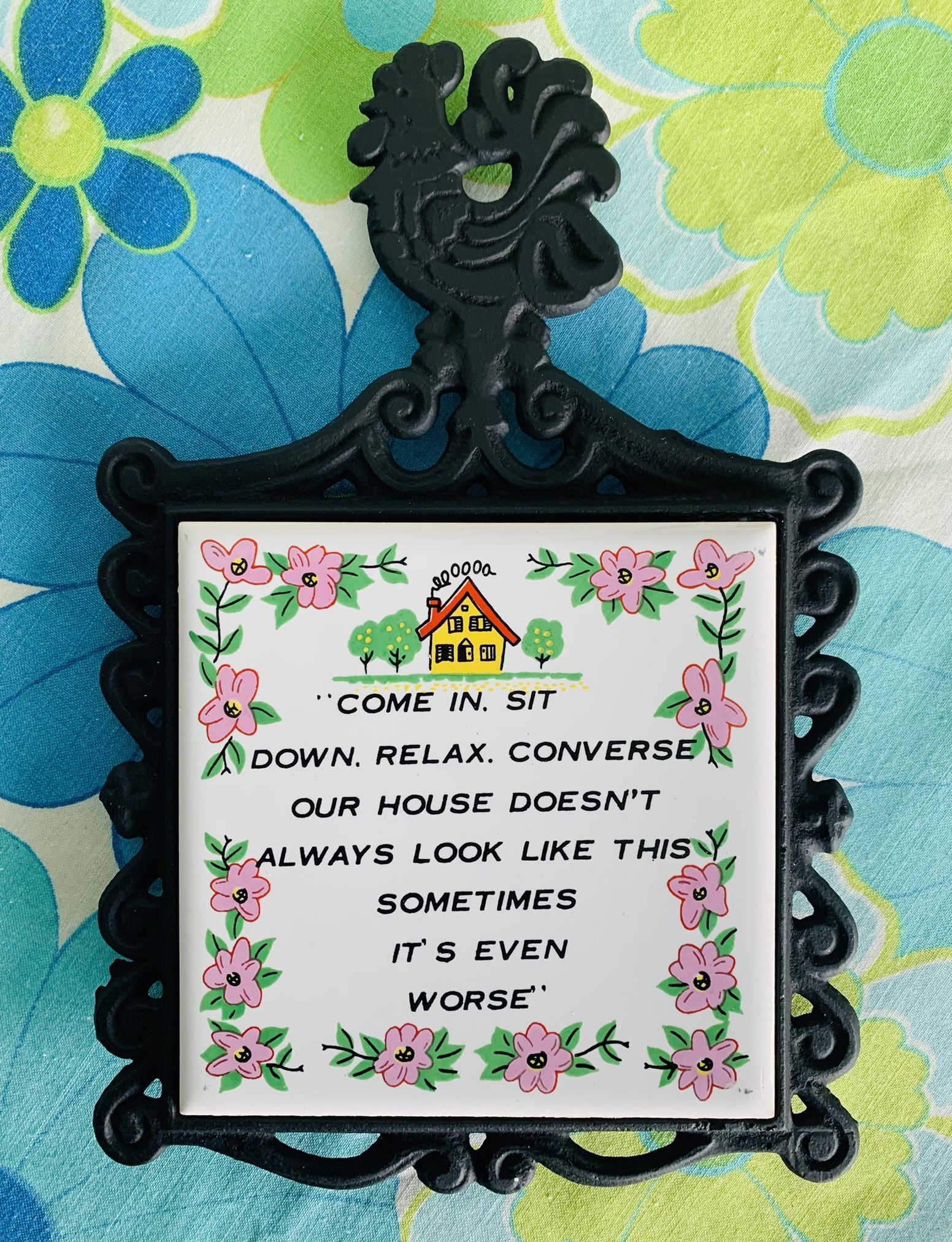 Vintage cast iron ceramic tile trivet/ wall hanger