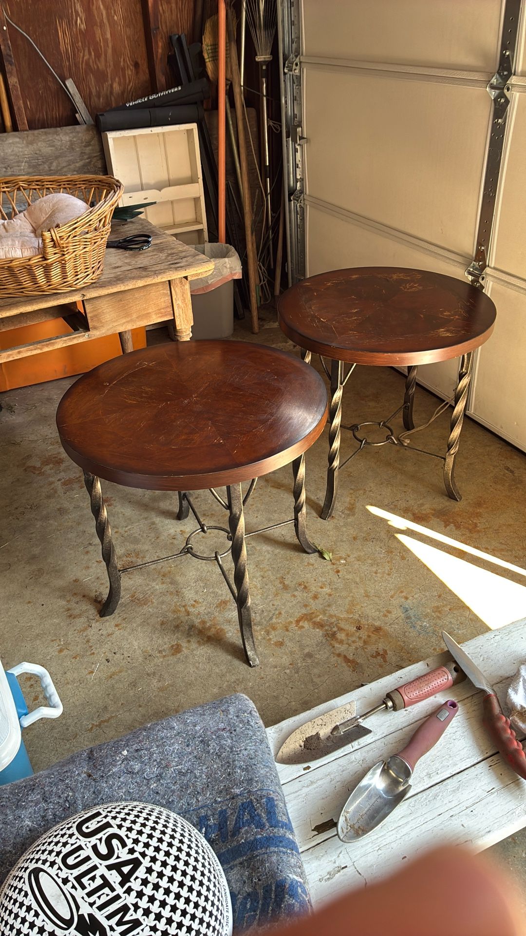 Two Wood/wrought Iron End Tables.