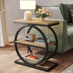 Side End Table with 3 Storage Shelves, Industrial Sofa Table with Round Metal Frame, Oak