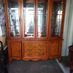 2 Piece Solid Wood China Cabinet  With Glass And Mirrors And Lights Included 