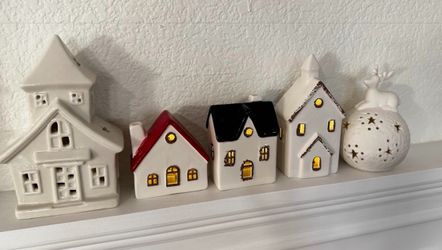 Ceramic Christmas Village Set with LED Tea Lights (5-Piece)