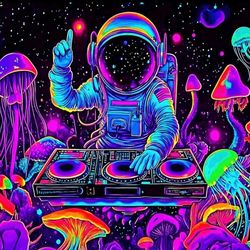 Astronaut DJ Universe Galaxy Planet Glow & Dark 79x59 normal light, UV/Blk Light
